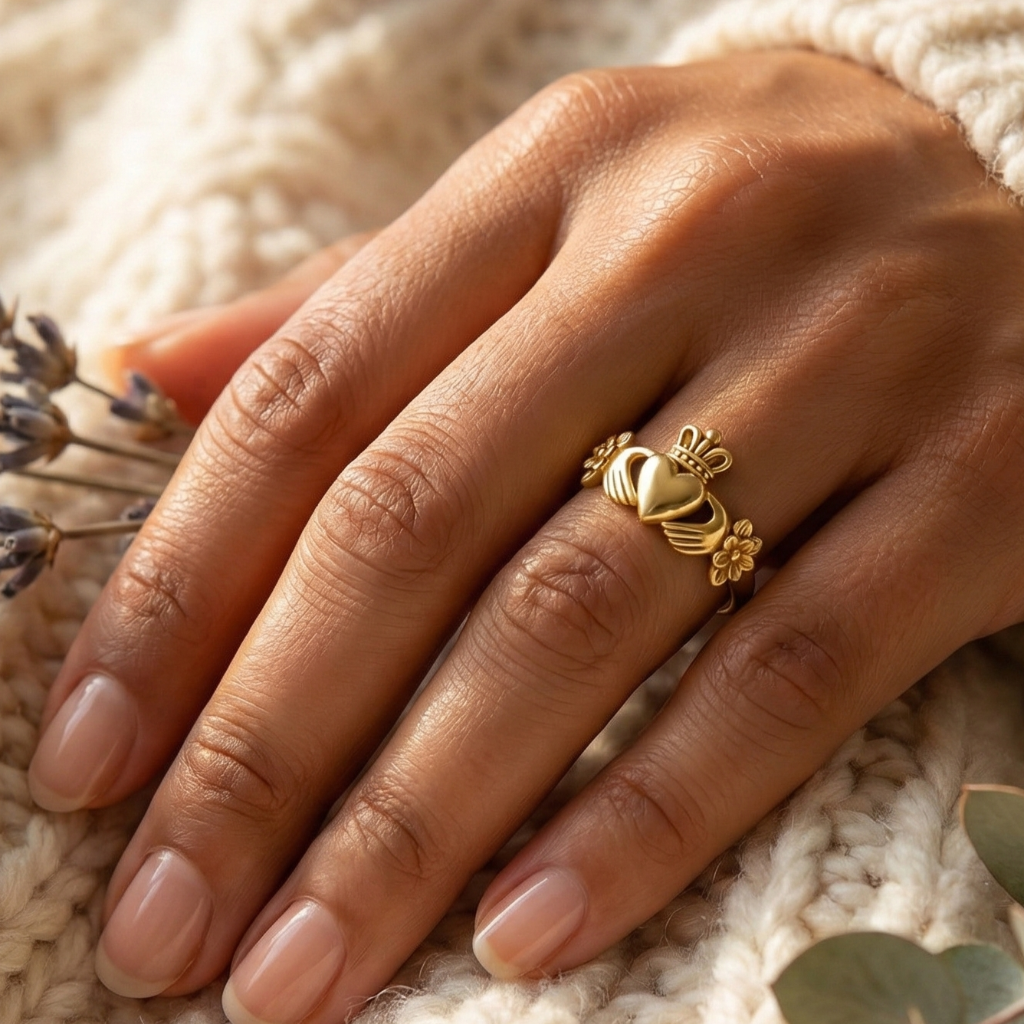 Hand wearing a gold claddagh ring with a floral design on a textured surface.
