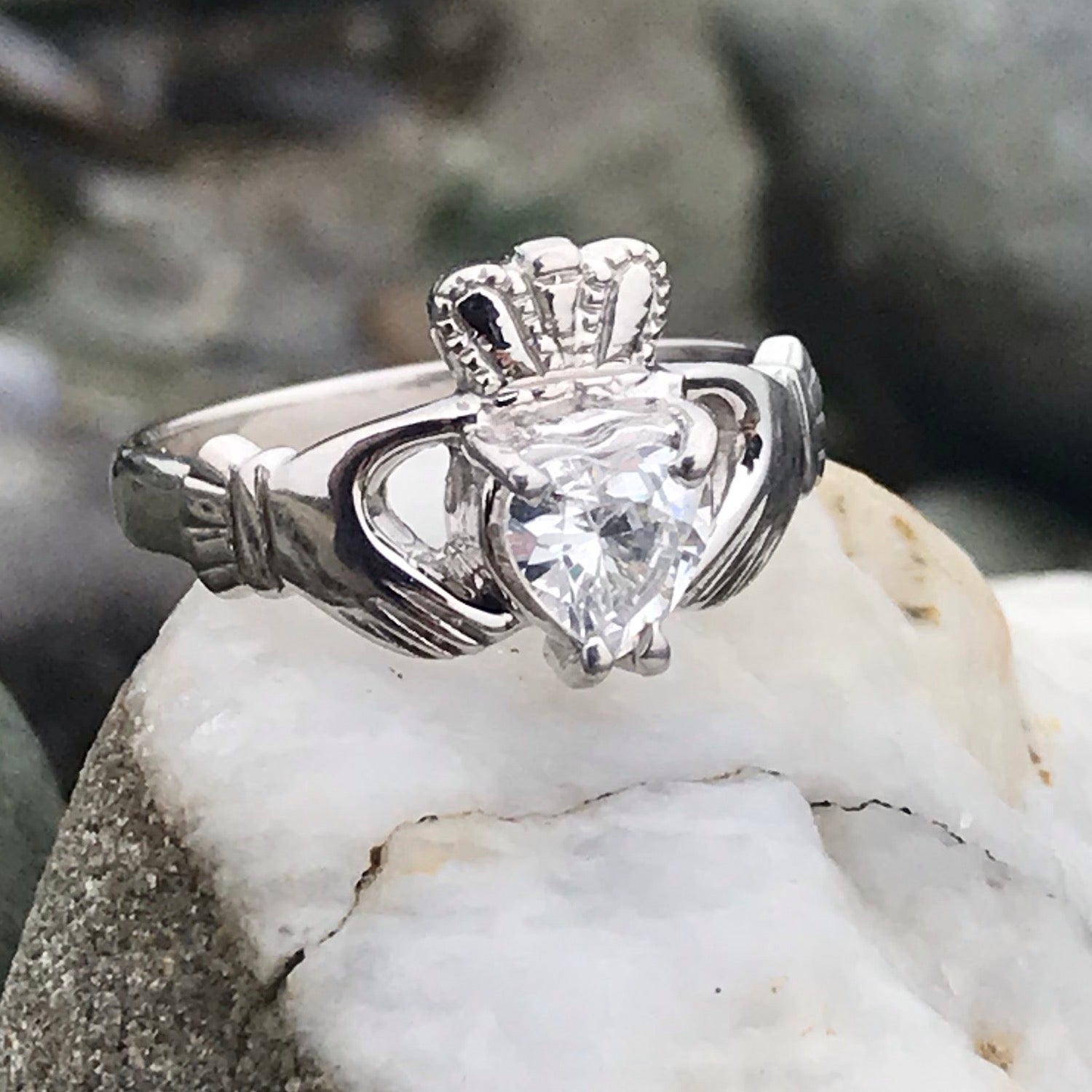 Claddagh ring, ladies silver claddagh ring, set with cubic