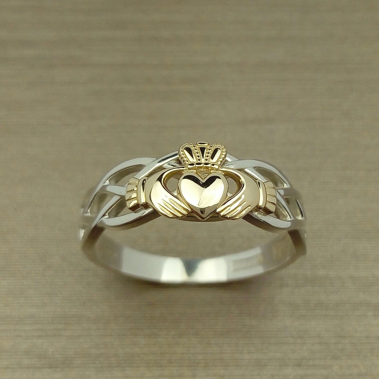 10K yellow Gold Claddagh on a silver celtic rope Claddagh