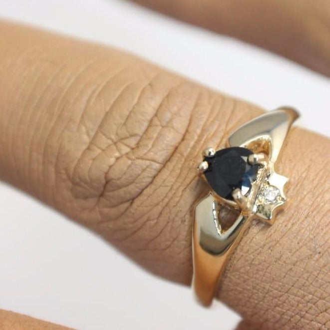 14K Claddagh ring, Real Black Sapphire and Diamond contemporary
