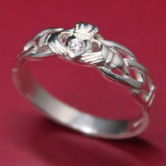 Jewelry  - Diamond Claddagh Ring, Ladies Silver Diamond Claddagh Ring On Celtic Rope Band.