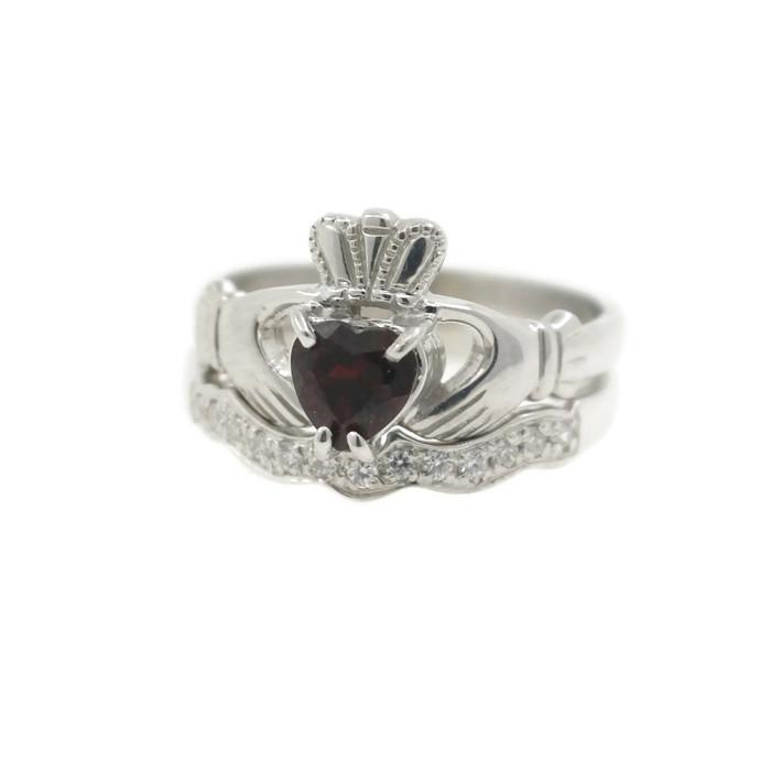 Garnet claddagh ring and matching stone set band. Irish Jewelry