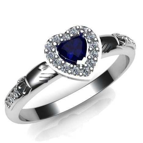 Jewelry - Ladies Claddagh Ring. Created Sapphire Gemstone Claddagh Ring, Contemporary Irish Celtic Claddagh Ring.