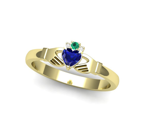 claddagh ring. This Irish ring features a sapphire and diamonds
