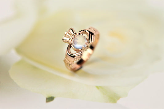 moonstone claddagh ring in rose gold