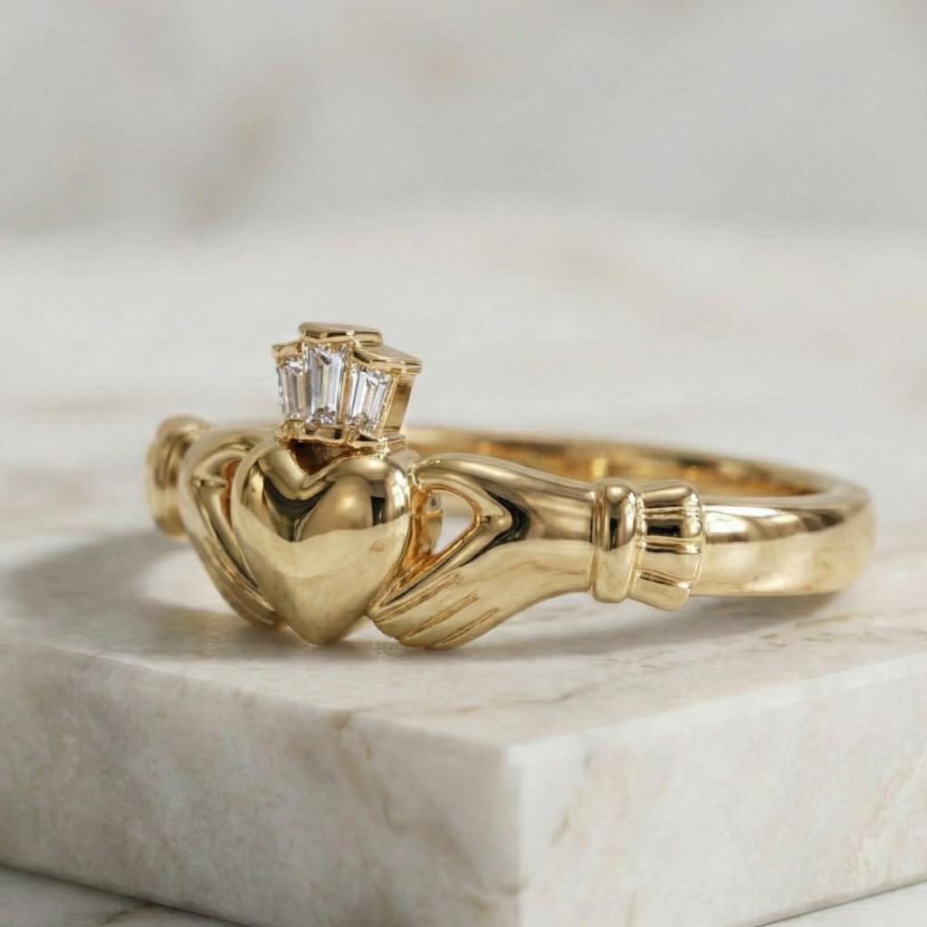 Gold claddagh ring with heart design and diamond on a marble surface