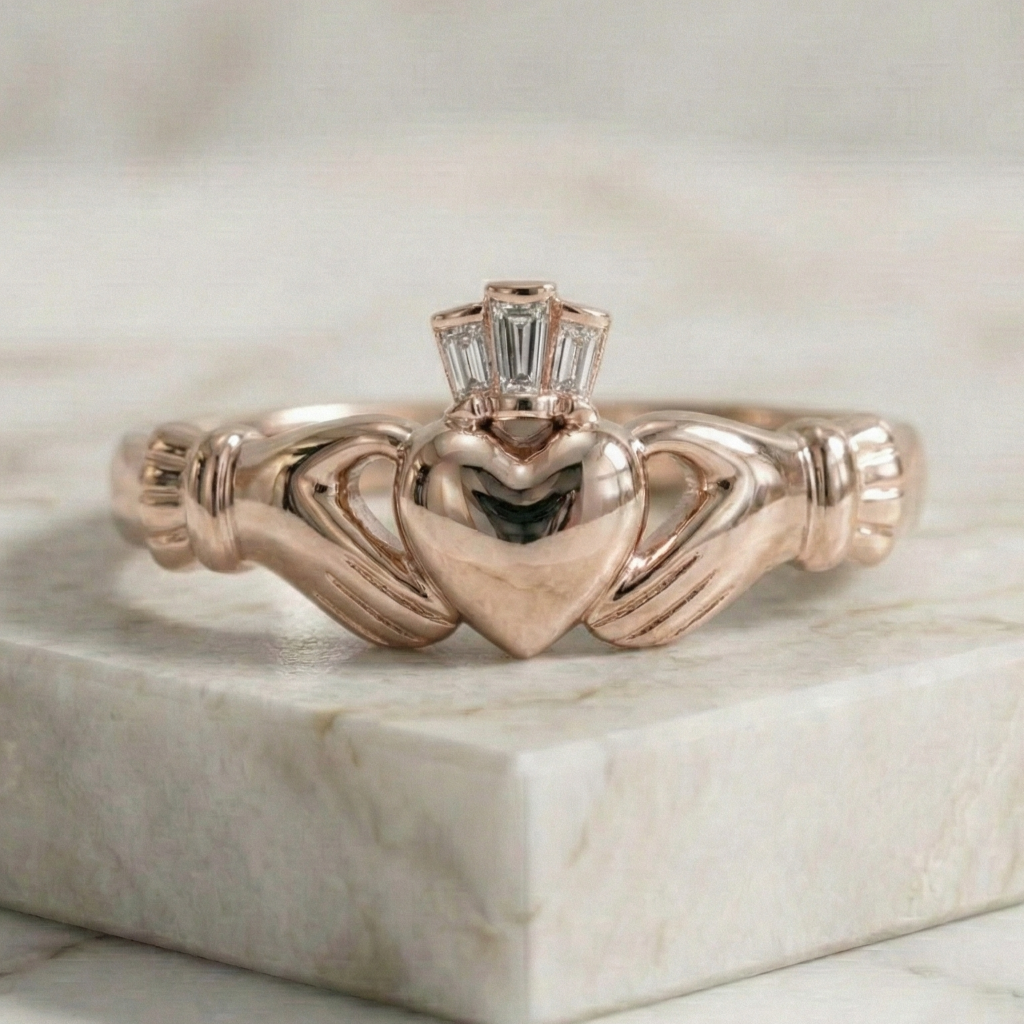 Rose gold diamond Claddagh ring on a marble surface