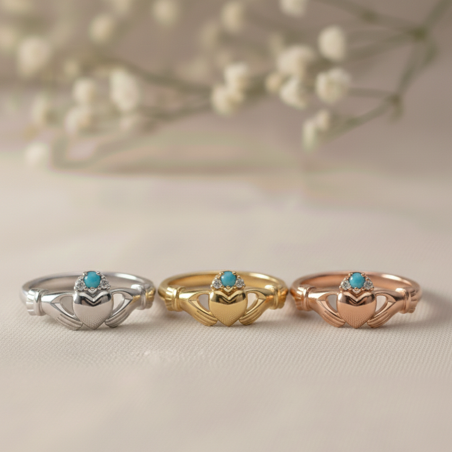 claddagh rings turquoise and diamond