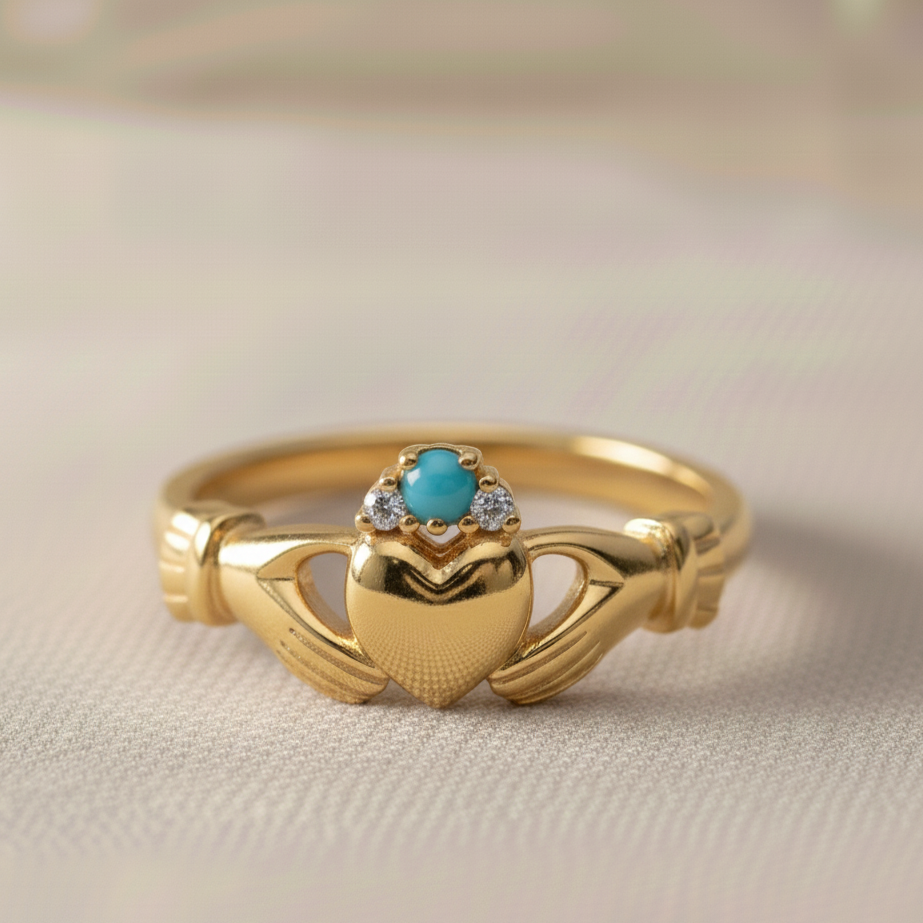 claddagh ring turquoise and diamond in yellow gold
