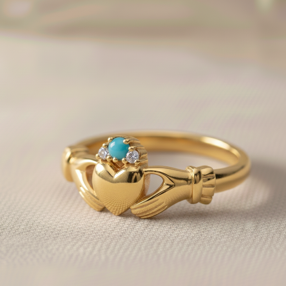 claddagh ring turquoise and diamond in gold
