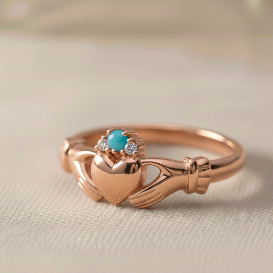 claddagh ring turquoise and diamond in rose gold 