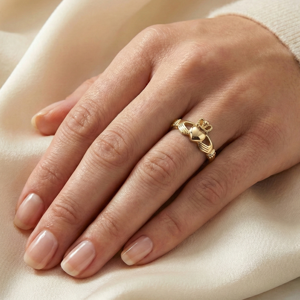 Gold claddagh ring on a hand with a soft beige background