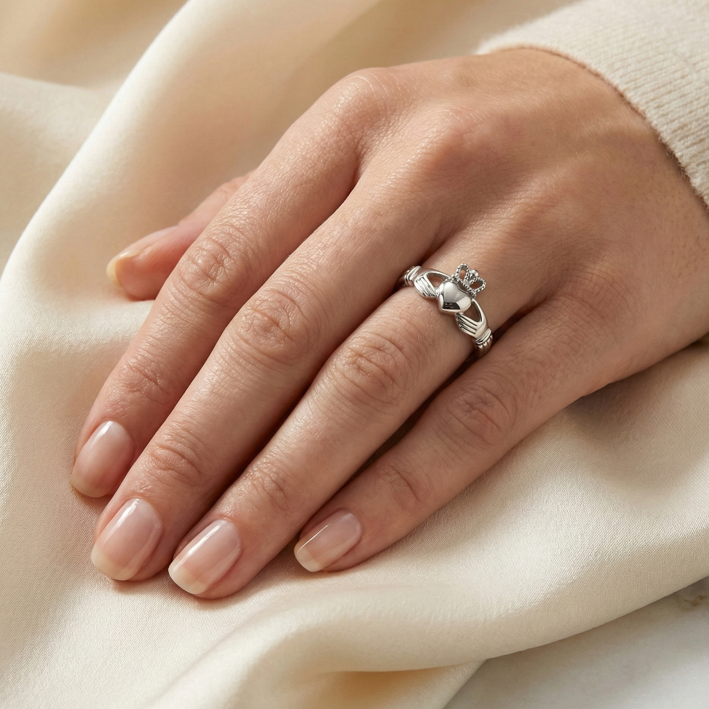 Hand wearing a silver claddagh ring on a beige fabric background