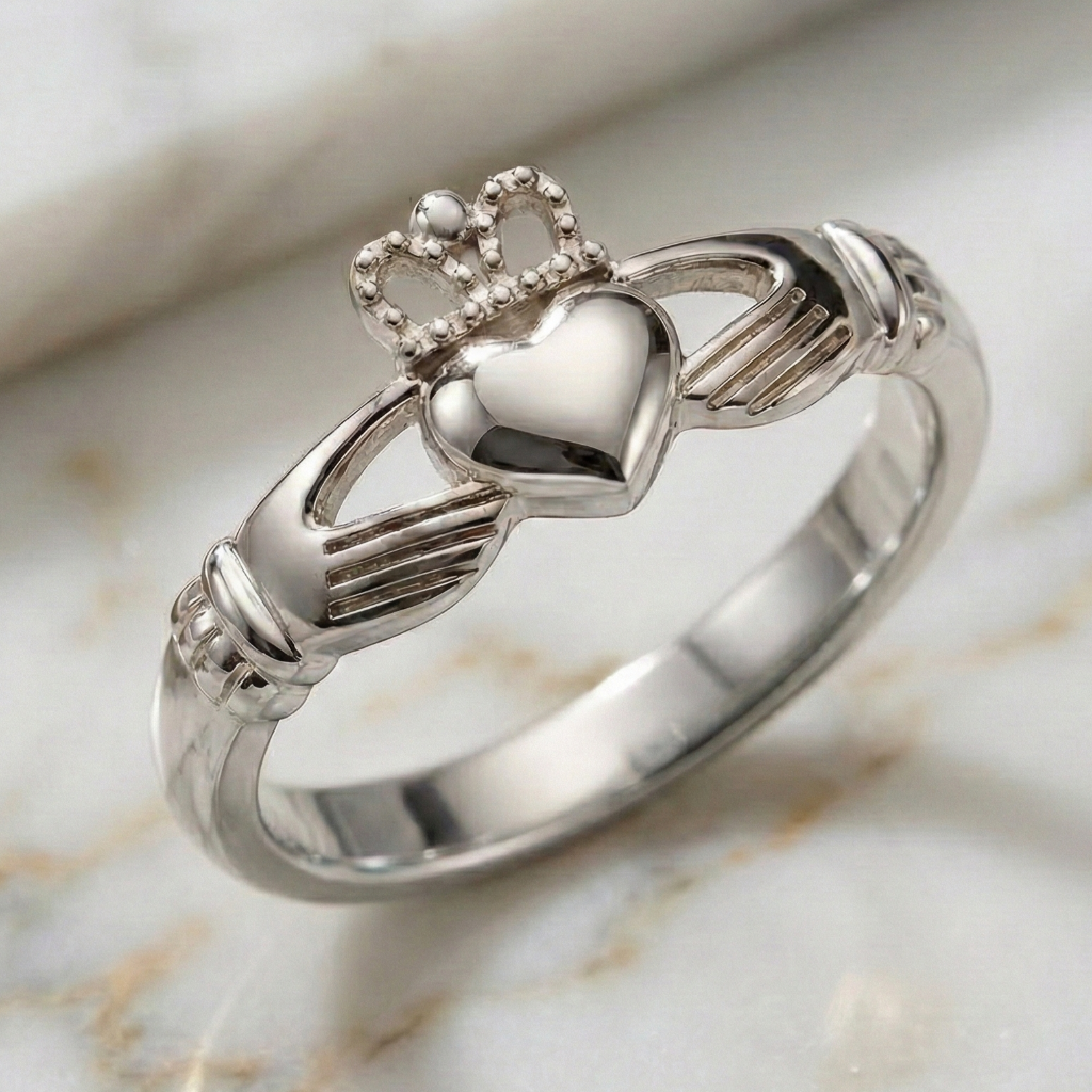 Silver Claddagh ring on a marble surface