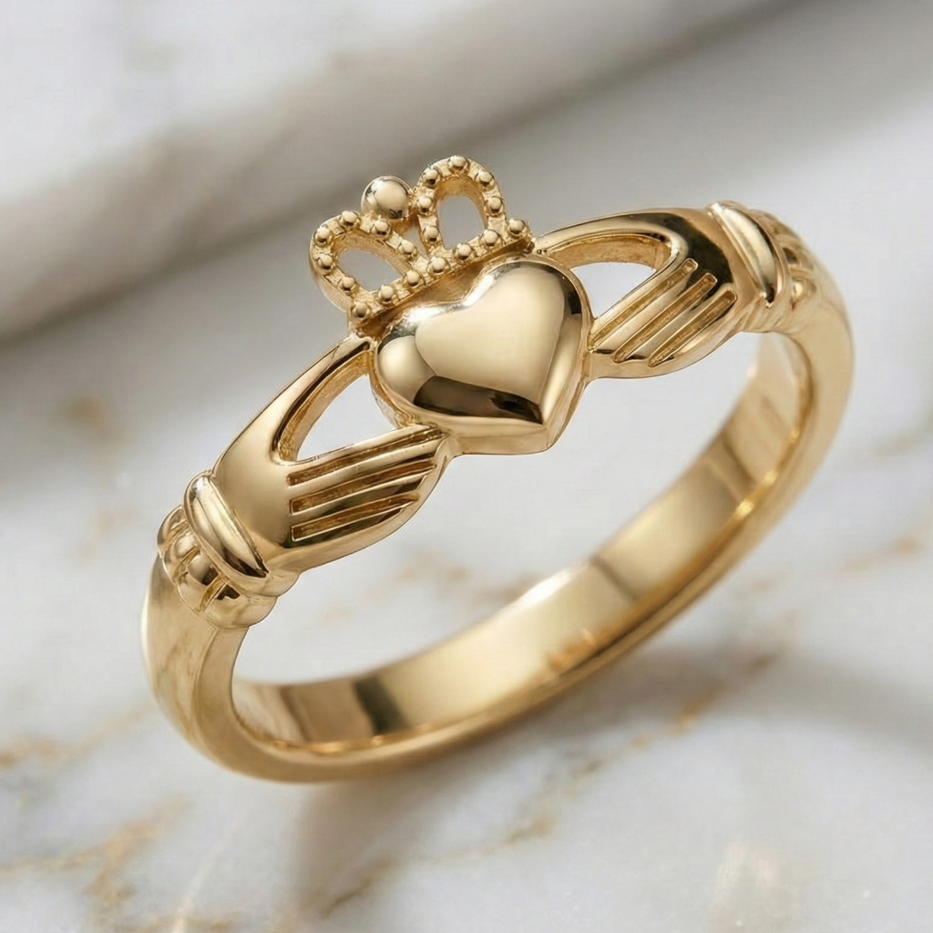 Gold claddagh ring with a heart and hand design on a marble background