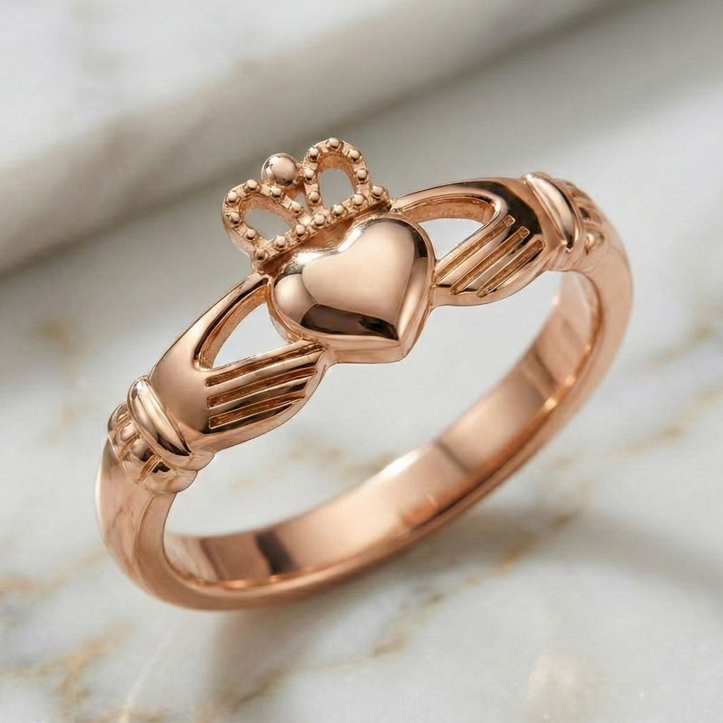 Rose gold ring with heart design and crown on a marble background