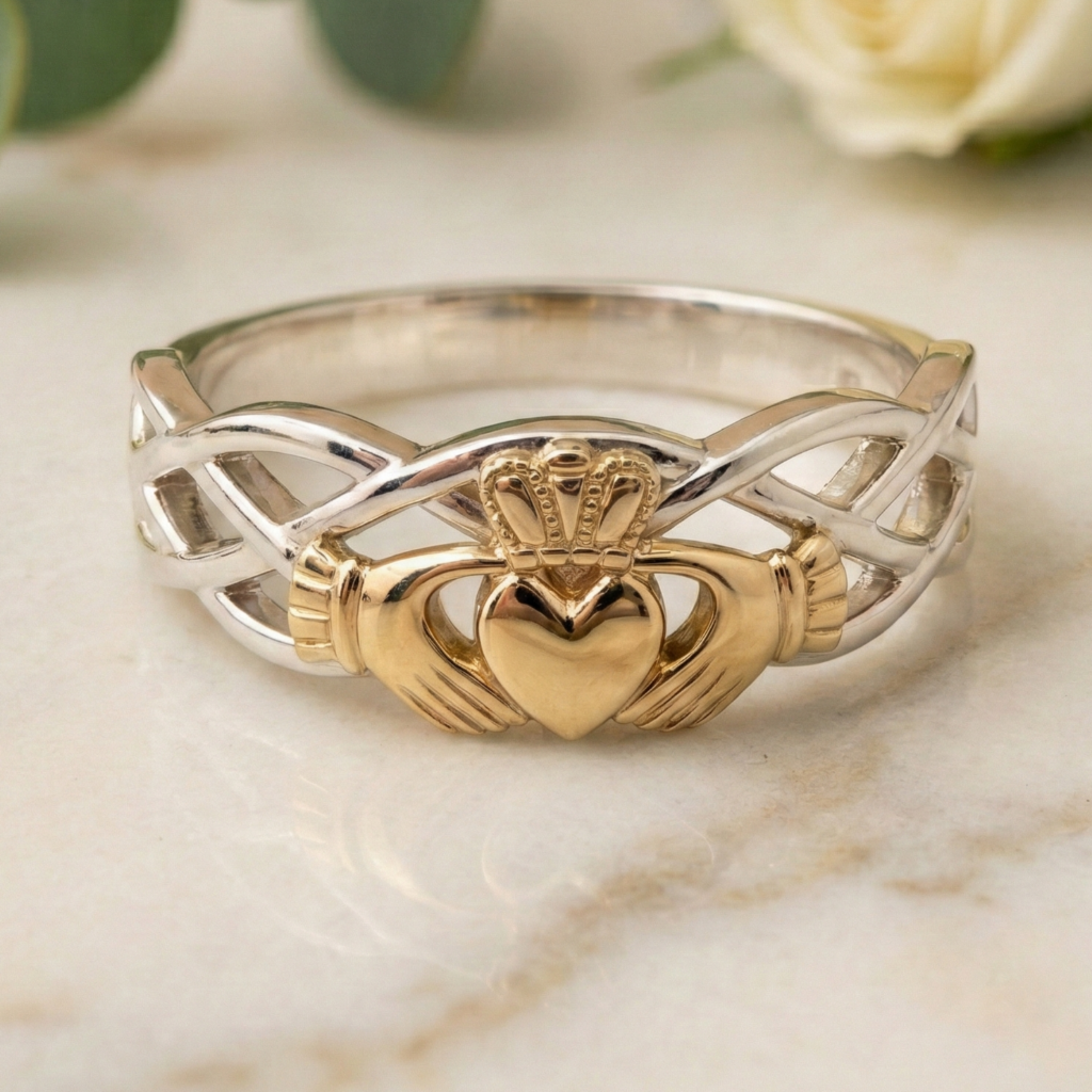 Gold and silver Claddagh ring on a marble surface with green leaves and white flowers in the background.