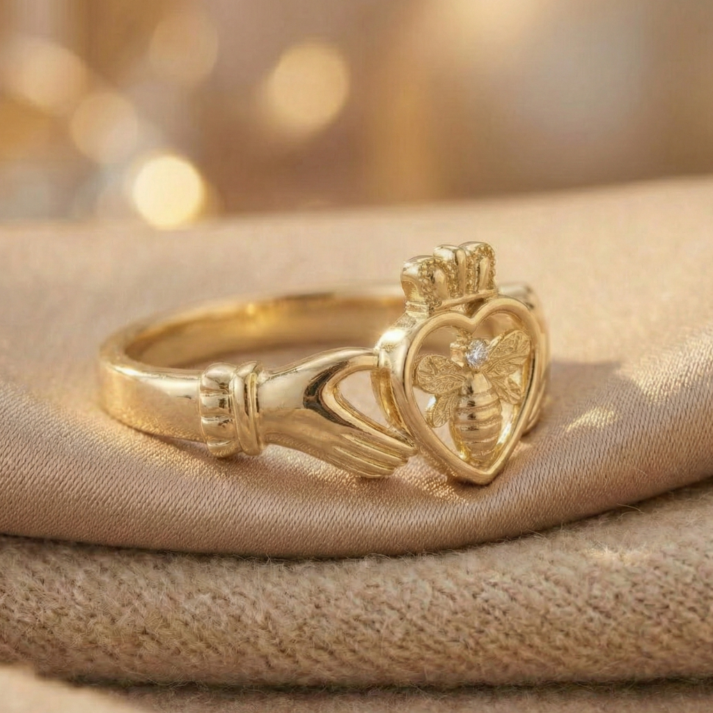 Gold claddagh ring with heart design and bee emblem on a beige fabric background