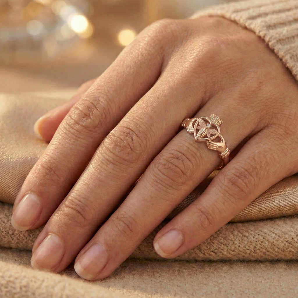 Hand wearing a rose gold claddagh ring on a beige fabric background