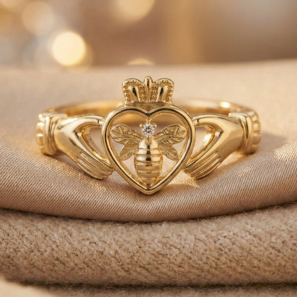 Gold claddagh ring with heart design and bee emblem on a beige fabric background