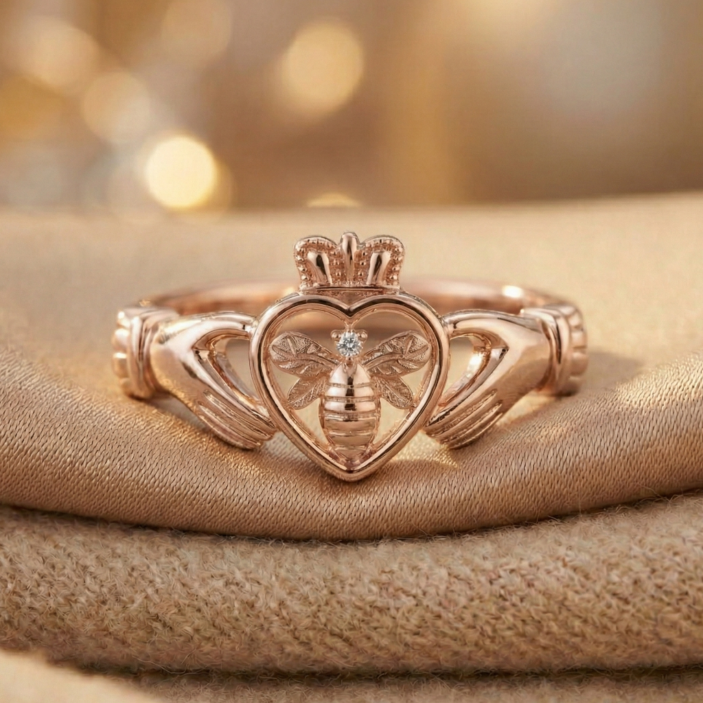 Rose gold claddagh ring with heart design and bee emblem on a beige fabric background