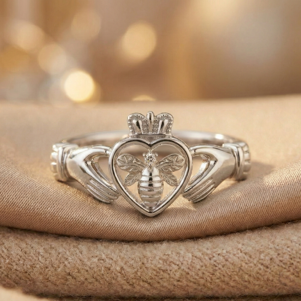 Silver claddagh ring with heart design and bee emblem on a beige fabric background