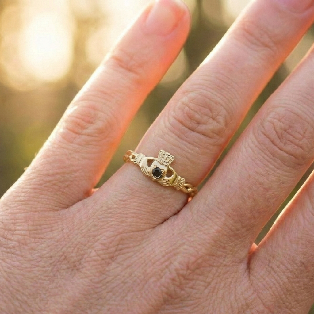 Gold Claddagh ring on a finger with a blurred natural background