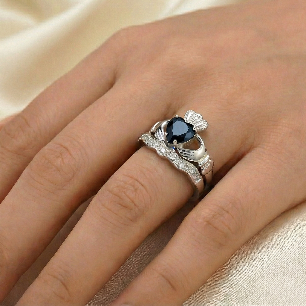 black sapphire claddagh ring 