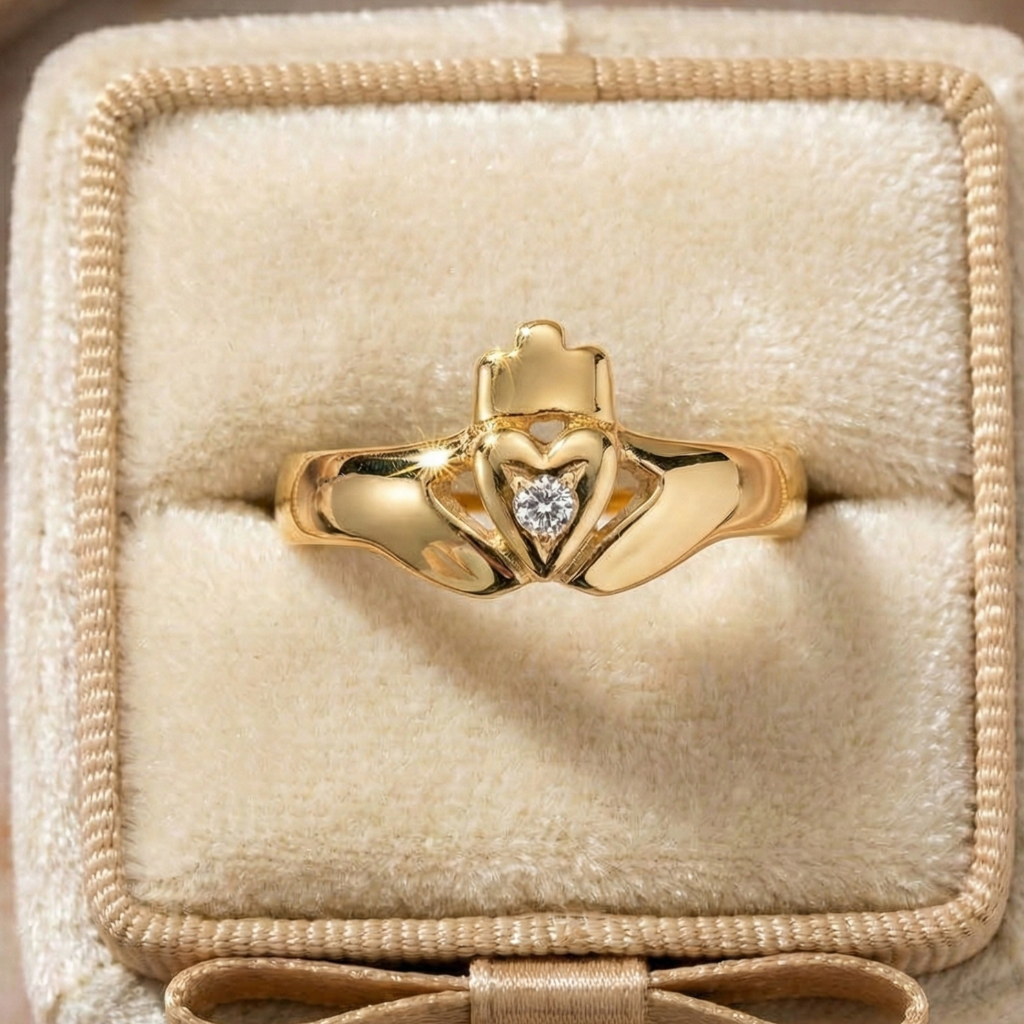 Gold claddagh ring on a beige cushioned jewelry box