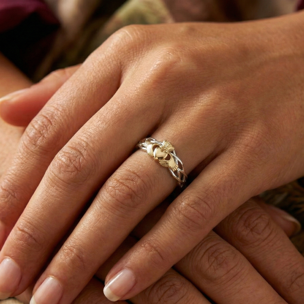 Close-up of a hand wearing a gold claddagh ring with a detailed design.