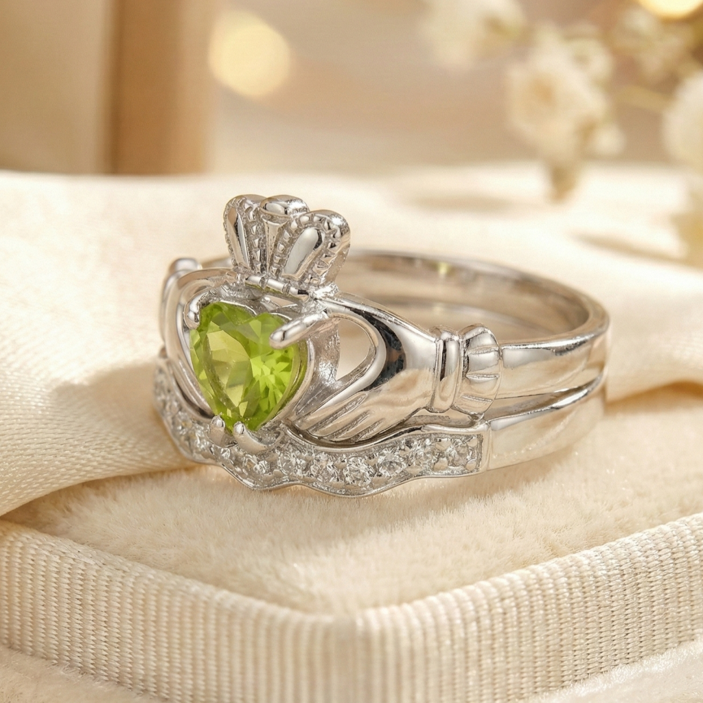 Silver claddagh ring with a green gemstone on a beige fabric background