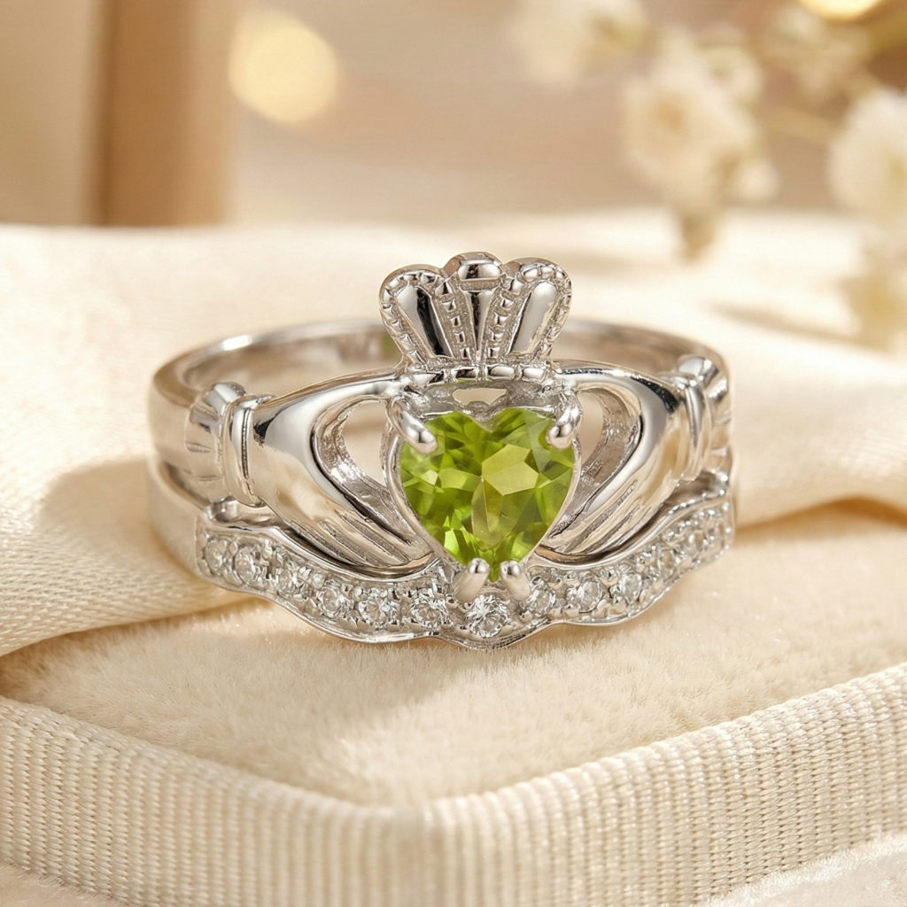 Silver claddagh ring with a green gemstone on a beige fabric background