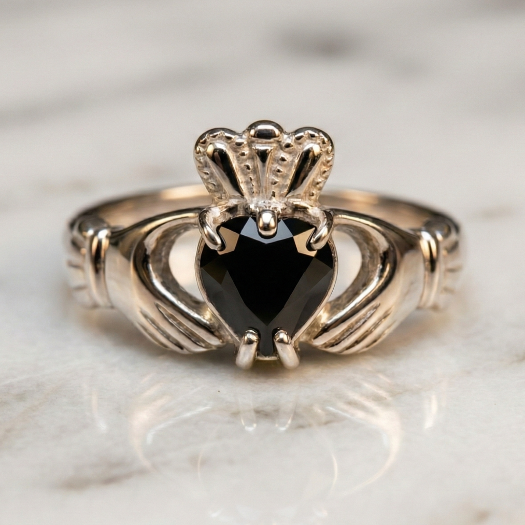 silver cladadgh ring with black sapphire 