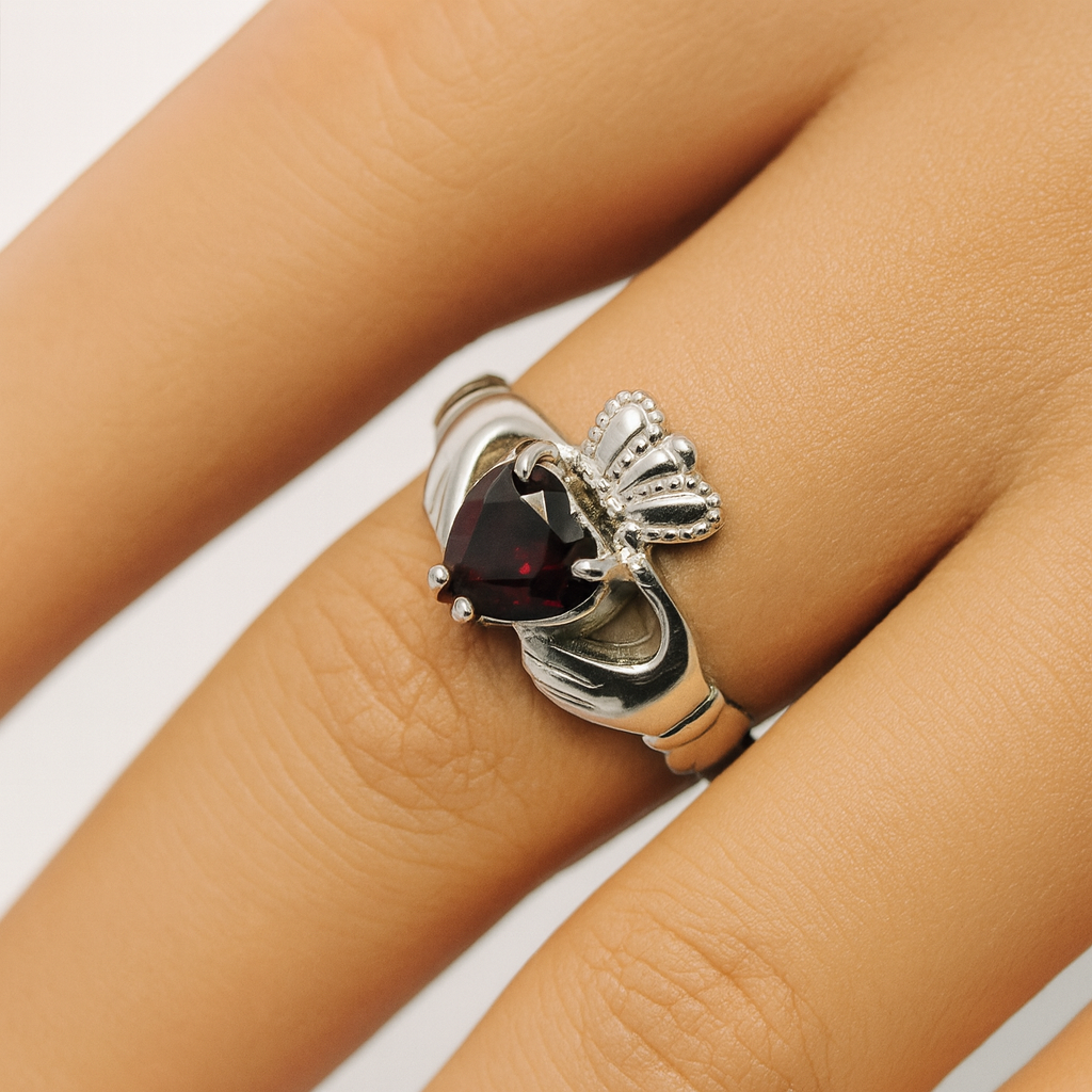 Claddagh ring, ladies red Garnet gemstone claddagh ring