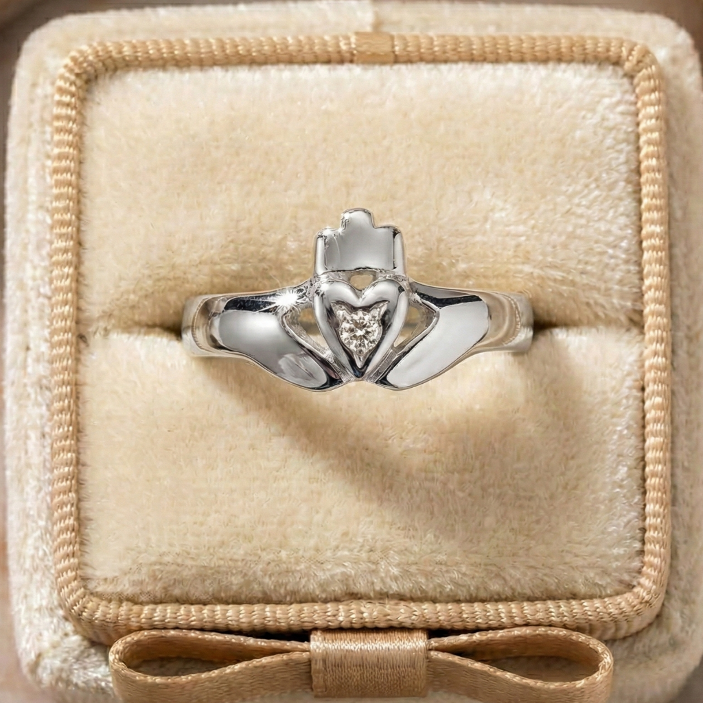 Silver Claddagh ring in a decorative box with beige interior