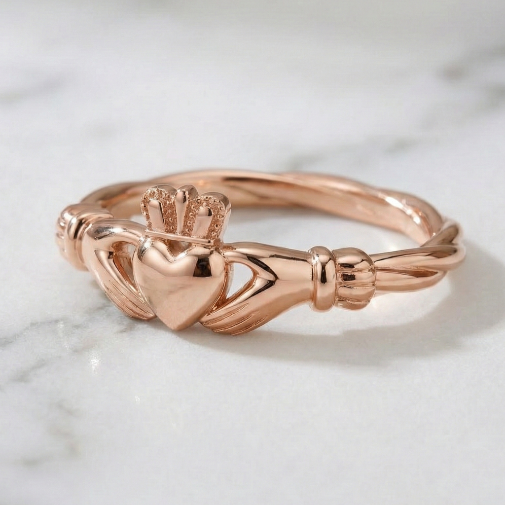 Rose gold claddagh ring on a marble surface
