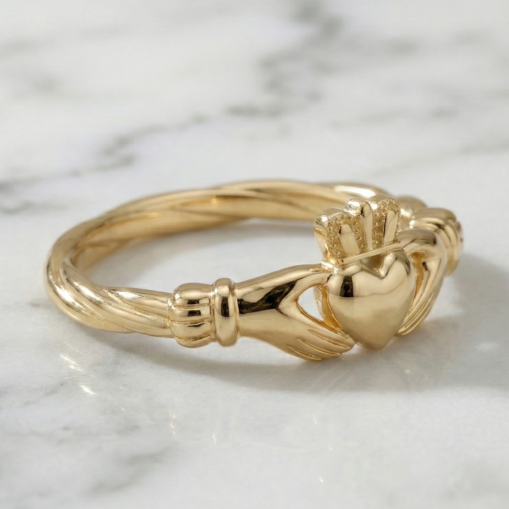 Gold claddagh ring on a marble surface