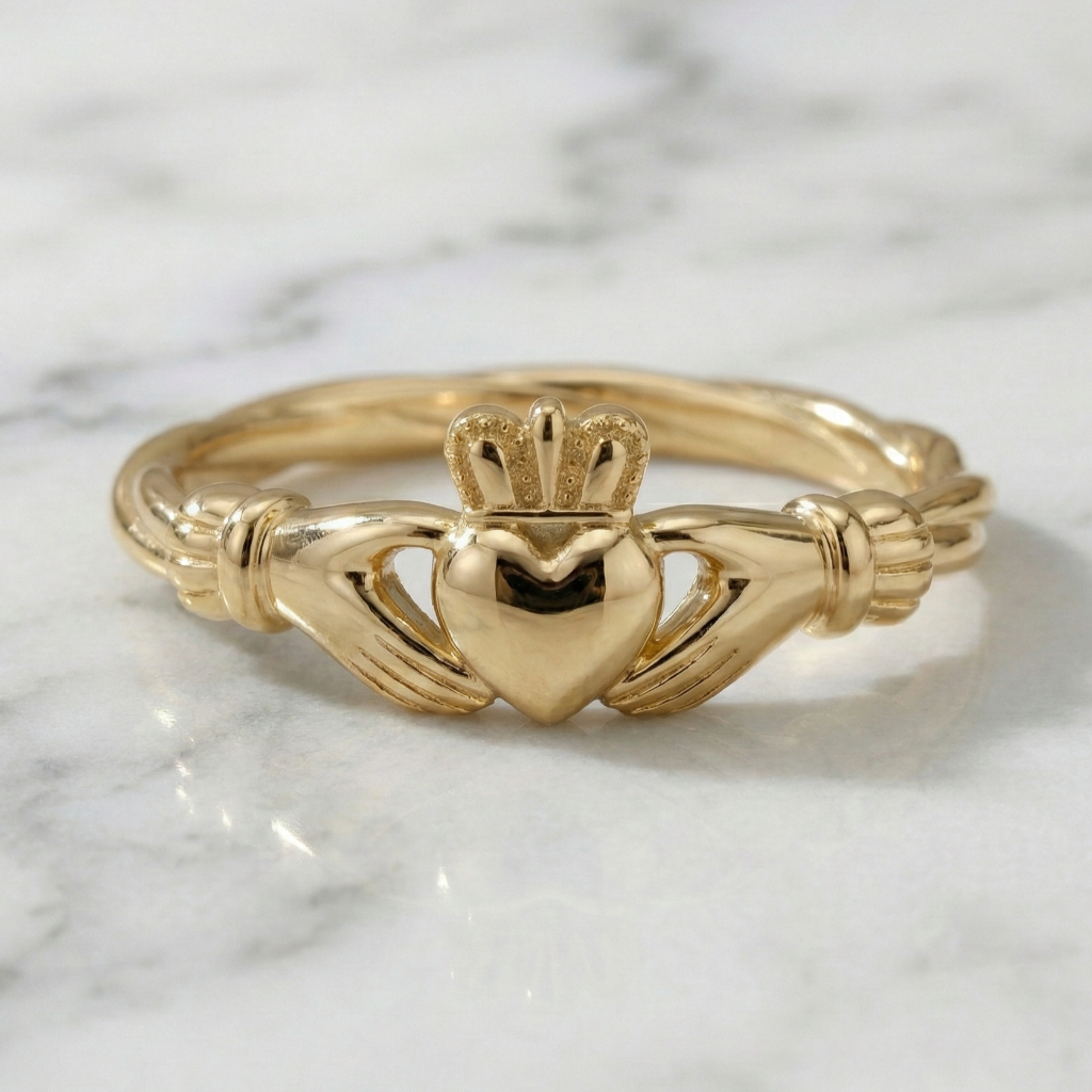 Gold claddagh ring on a marble surface