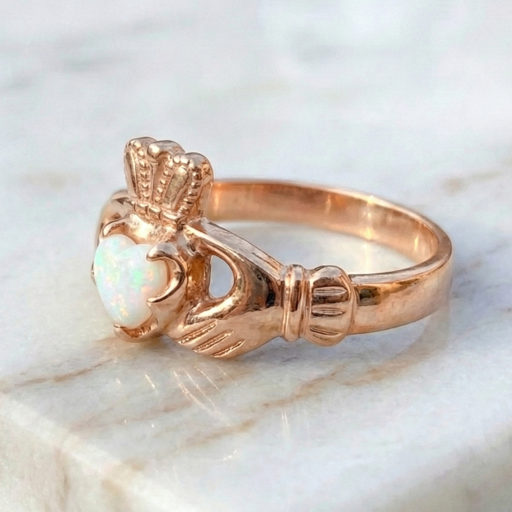 Rose gold claddagh ring with a heart-shaped opal stone on a marble background