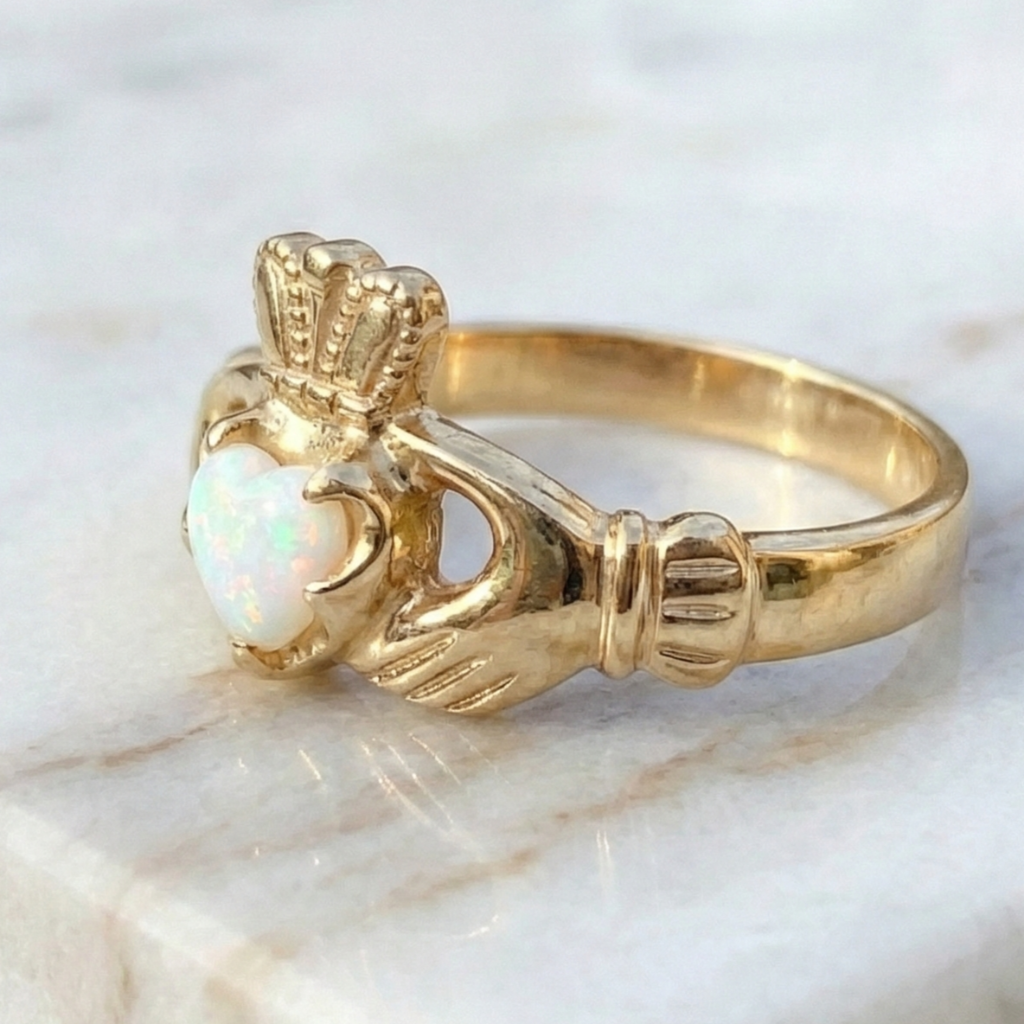 Gold claddagh ring with a heart-shaped opal stone on a marble background