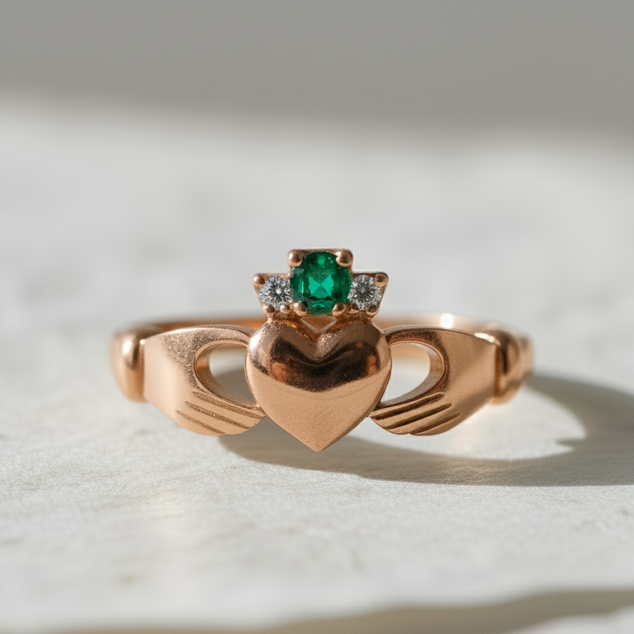claddagh ring emerald  rose gold