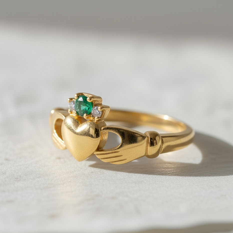 claddagh ring emerald yellow gold