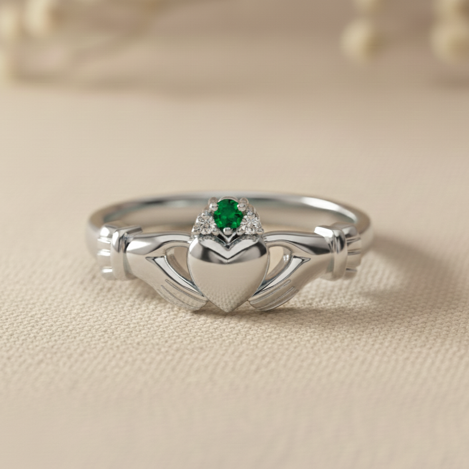 claddagh ring emerald white gold