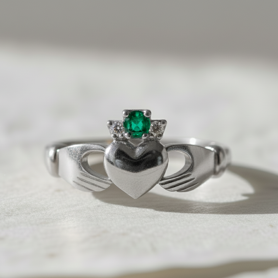 claddagh ring emerald white gold