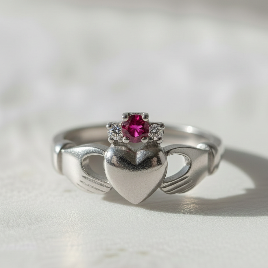 Claddagh ring. The Ruby Lover's Kiss Claddagh Ring for women.