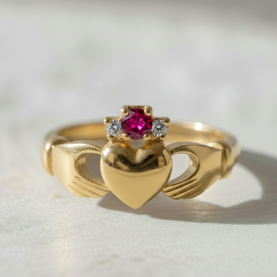 Claddagh ring. The Ruby Lover's Kiss Claddagh Ring for women.