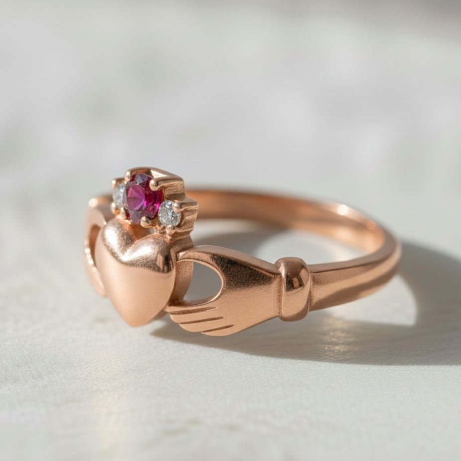 Claddagh ring. The Ruby Lover's Kiss Claddagh Ring for women.
