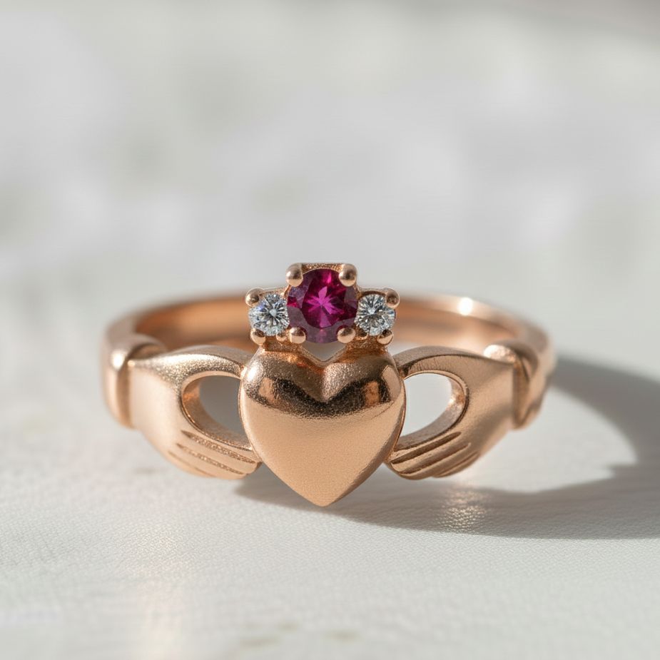 Claddagh ring. The Ruby Lover's Kiss Claddagh Ring for women.
