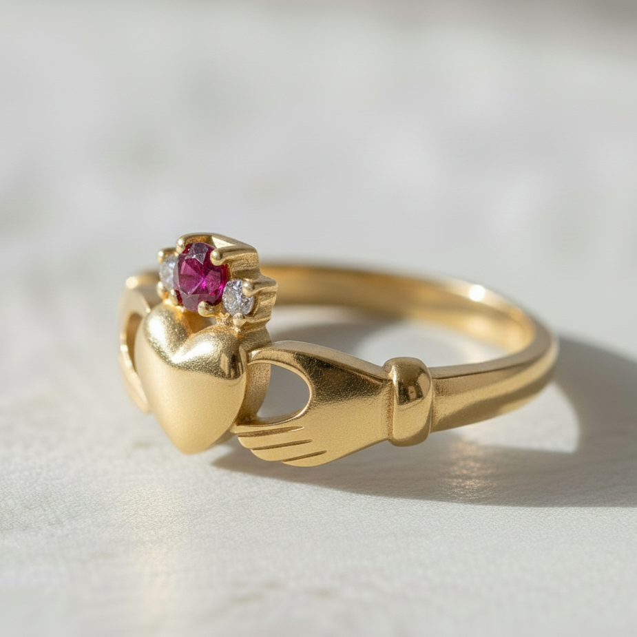 Claddagh ring. The Ruby Lover's Kiss Claddagh Ring for women.