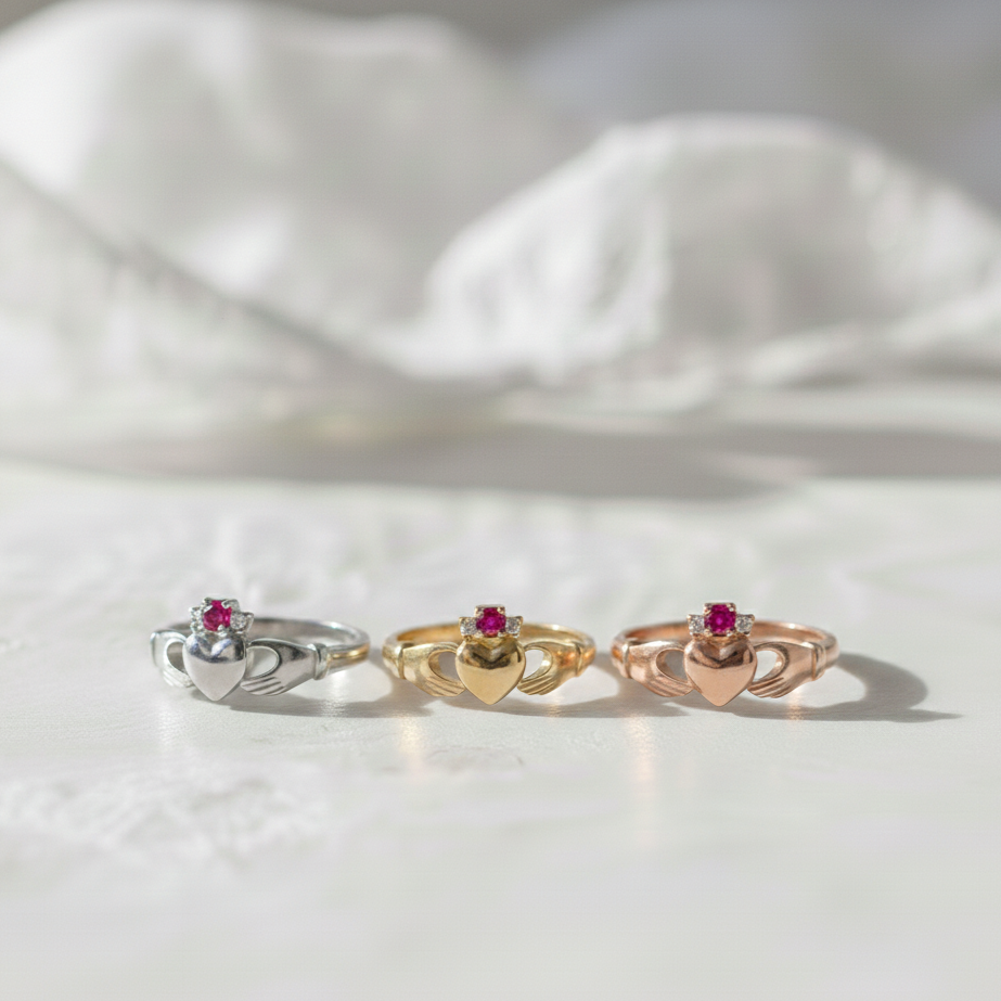 Claddagh ring. The Ruby Lover's Kiss Claddagh Ring for women.